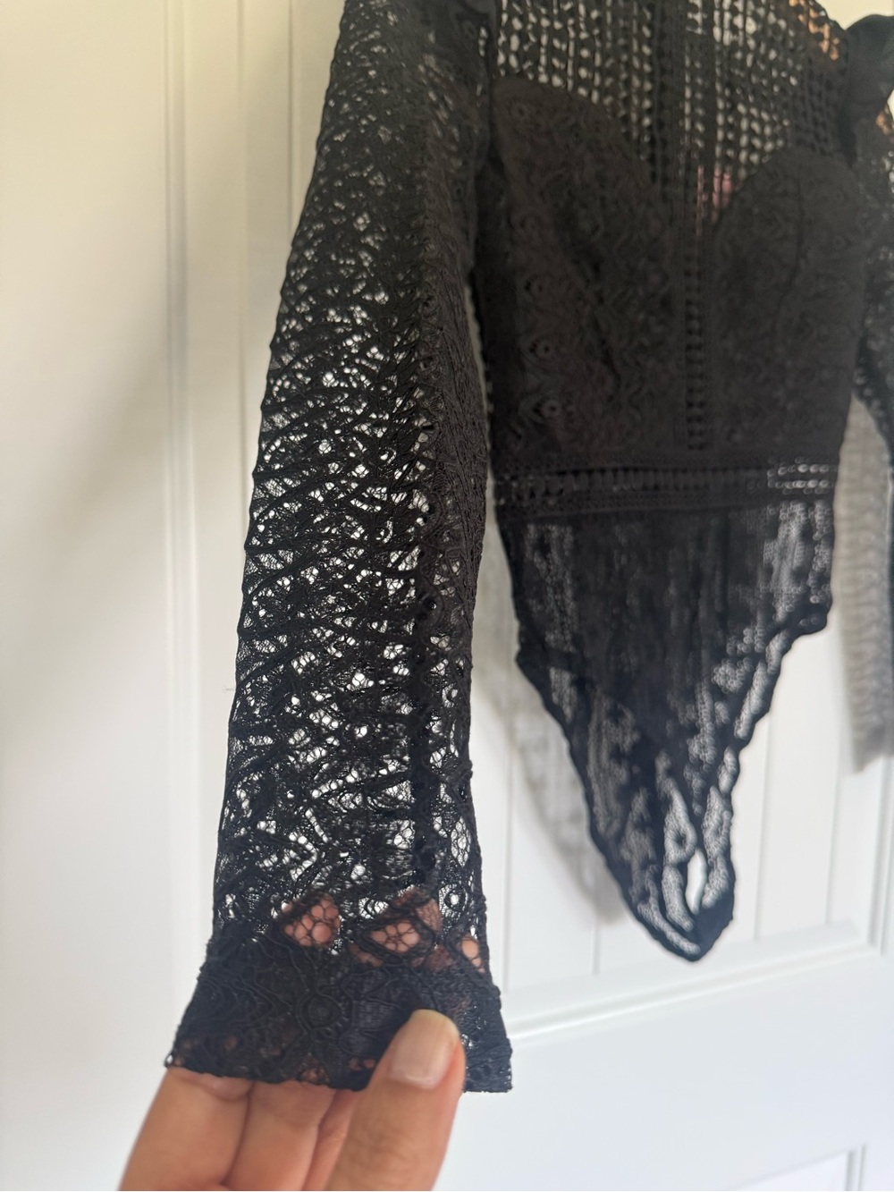 NWT Hello Molly Black Lace Long Sleeve Bodysuit Not That Easy Ruffle Mock Neck 2 - Picture 3 of 9